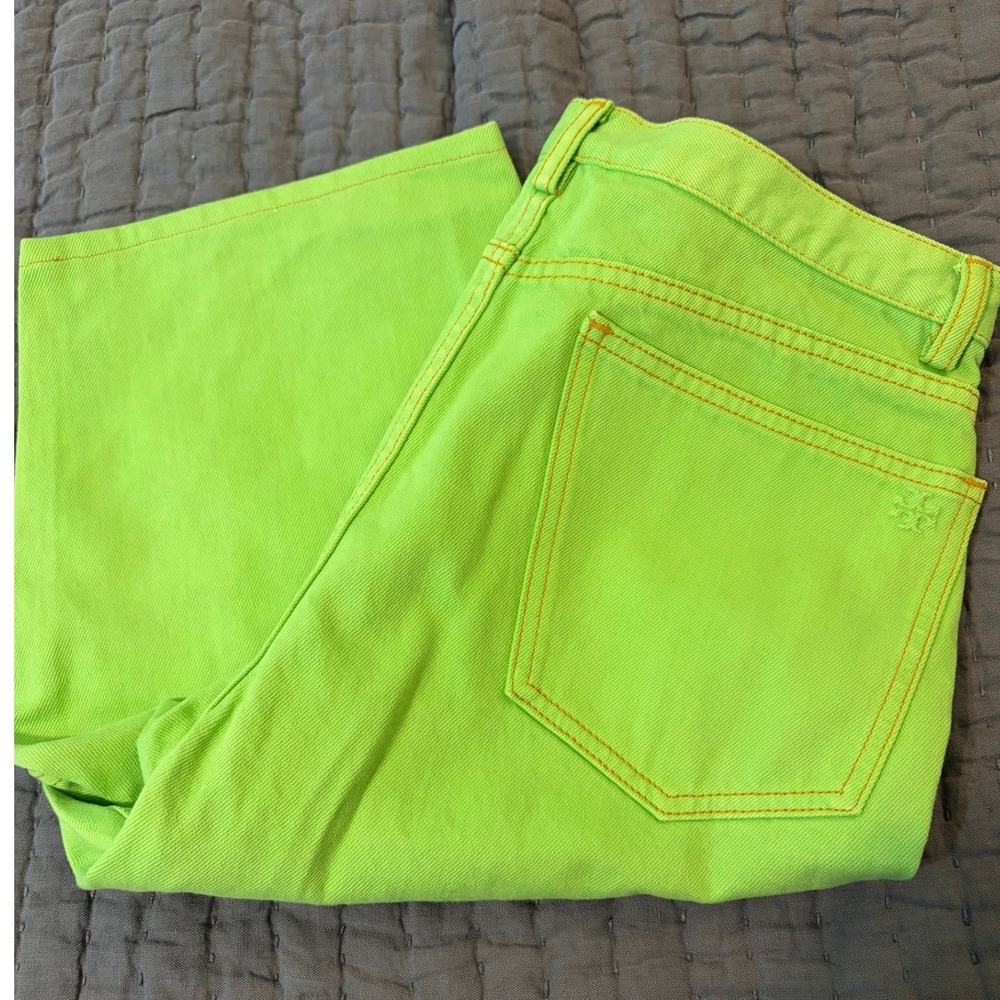 Tory Burch Lime Green Denim Bermuda Shorts Size 30 High Rise Logo Pocket Jorts